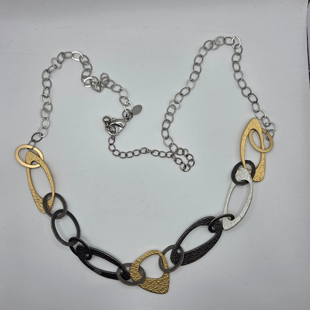 Chico's Mixed Metal Hammered Geometric Open Link Long Statement Necklace 34"
